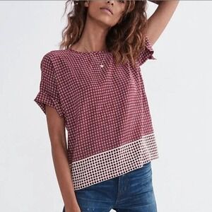 Madewell Silk Blouse Top Womens 2XS Red Geometric Short Sleeve Tie Bow Back Casu